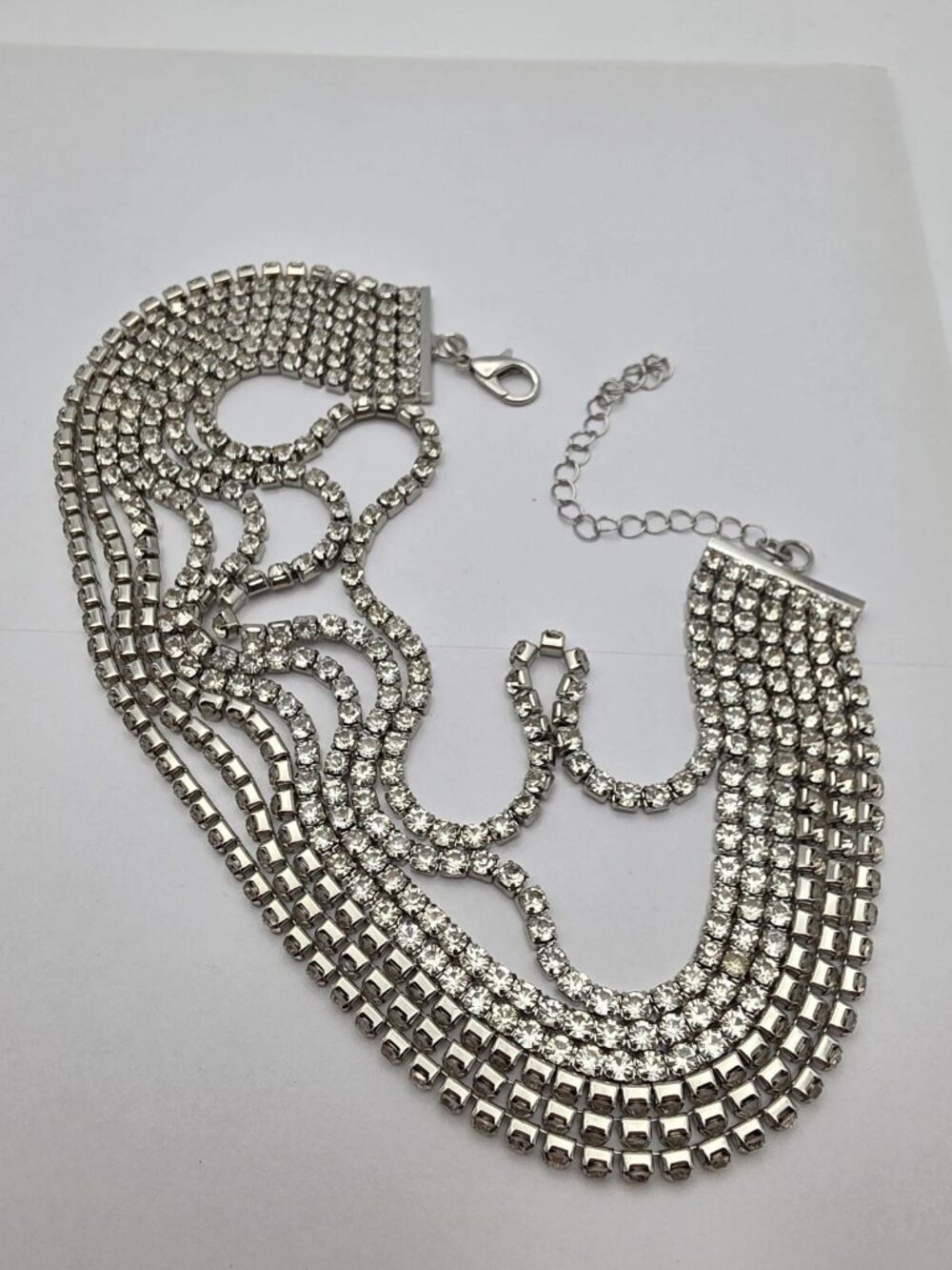 Silver Tone 7 Row Clear Rhinestone Tennis Bib Collar Necklace Statement 17 In - Picture 9 of 10